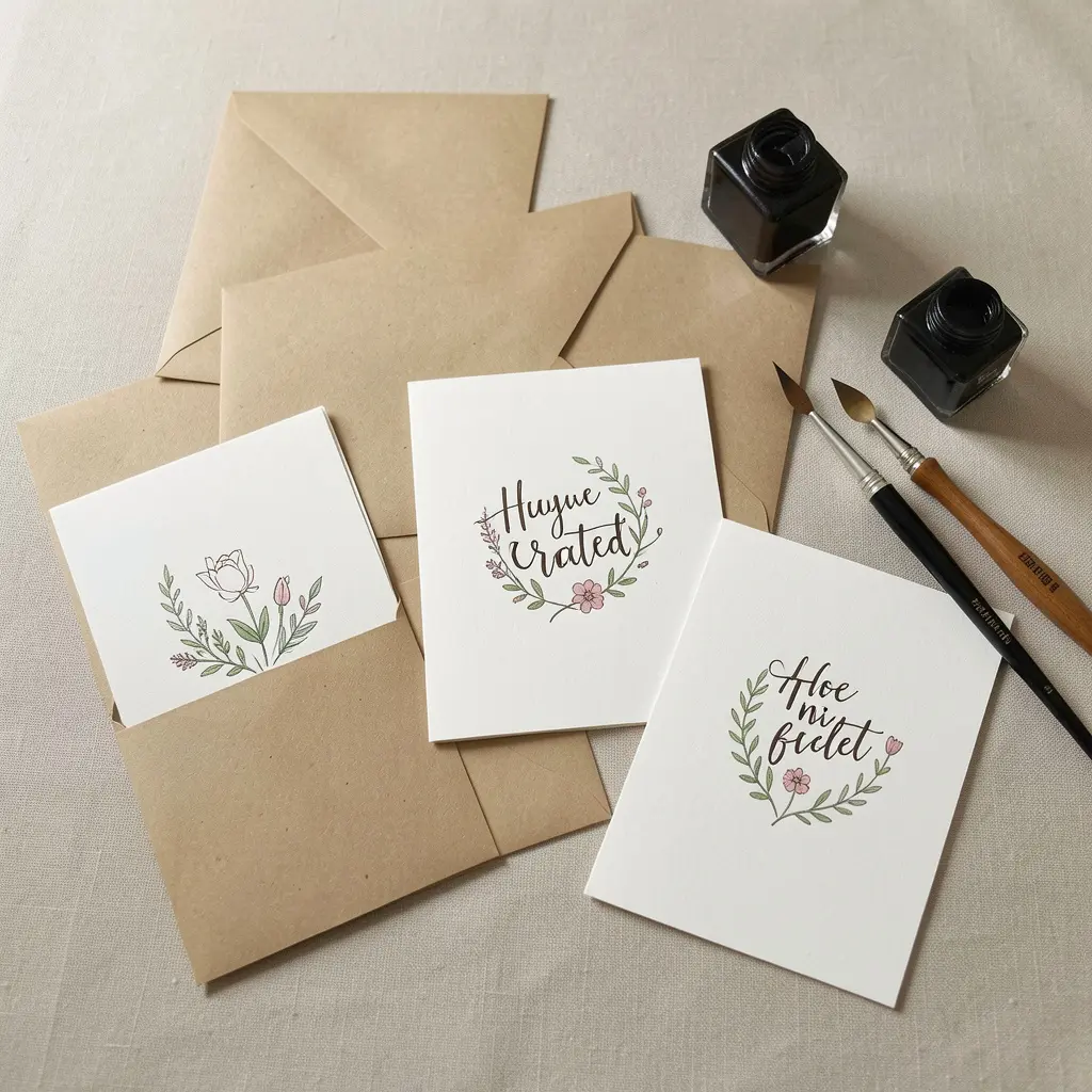 Handcrafted greeting cards arranged on neutral surface with envelopes and ink tools