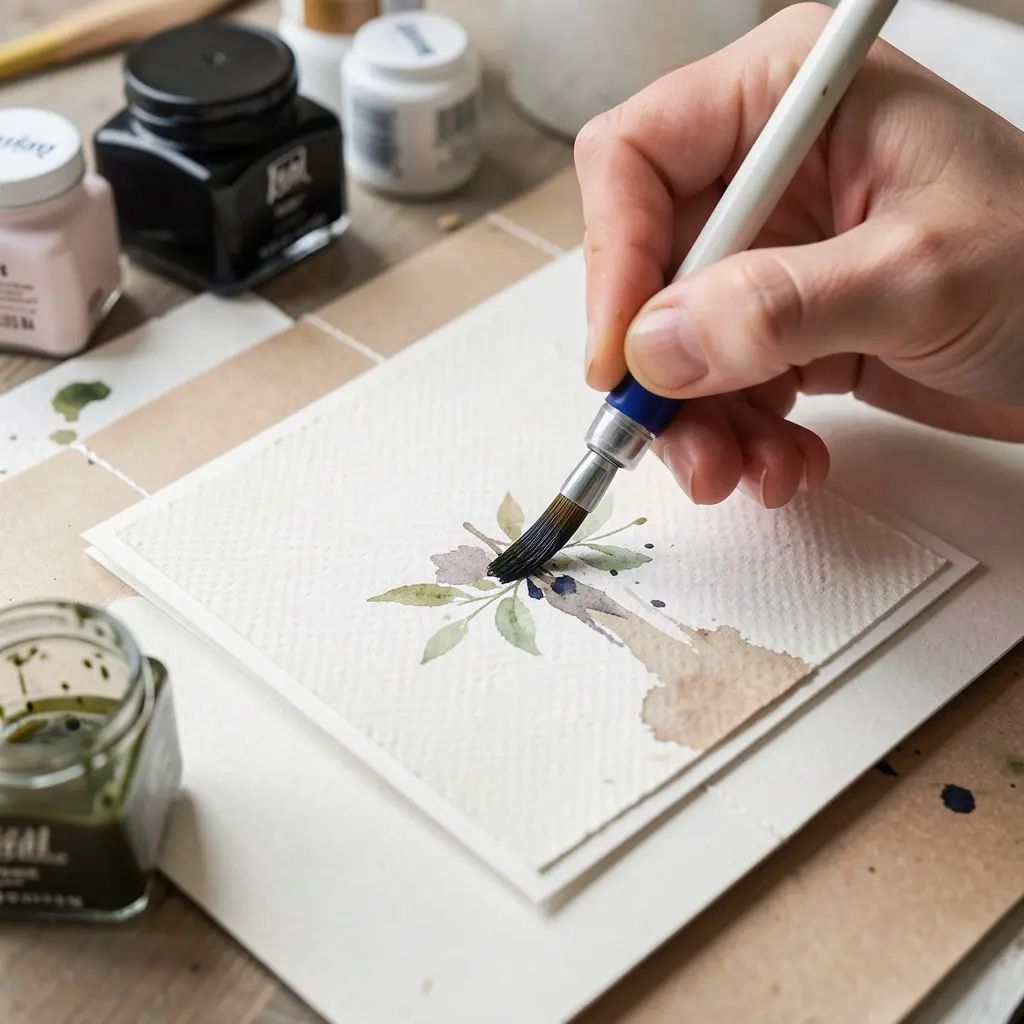 Artisan card making process with ink tools and textured paper details