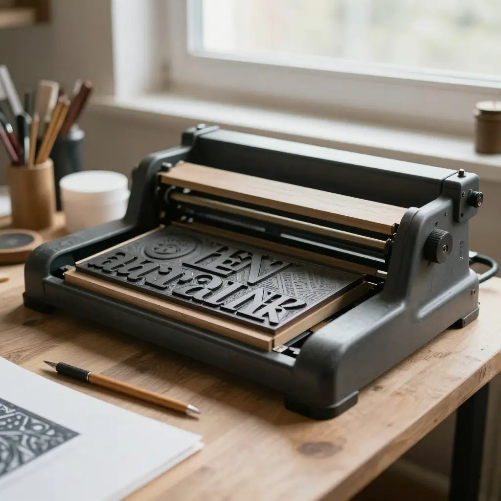 Artisan print workshop with letterpress equipment and paper supplies on wooden surfaces